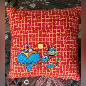 Vintage Handmade Embroidered Kitschy Bluebird & Chicks in a Tree Pillow